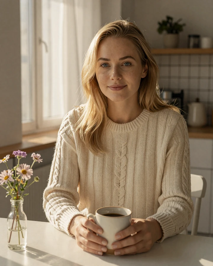 Smiling Eastern European woman in a sunlit kitchen, representing Okamour members seeking serious international dating