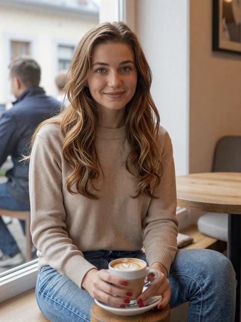 Oksana smiling in a quiet Kyiv cafe, Okamour member from Ukraine
