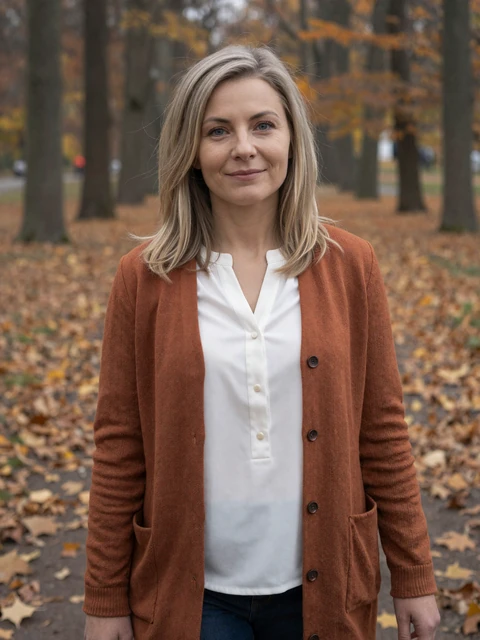 Marta walking through an autumn park in Krakow, approachable Okamour member from Poland